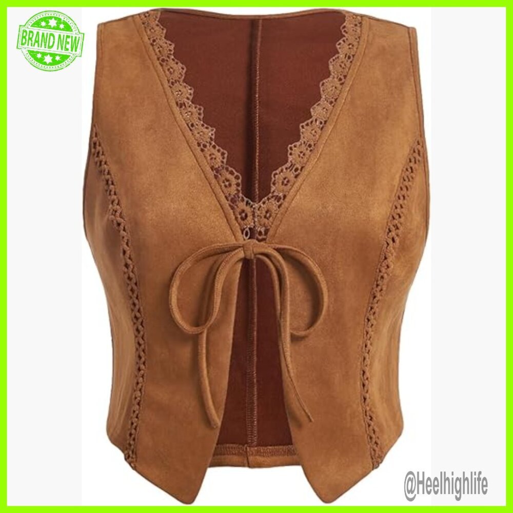 Plus Size Faux Suede Vest Sleeveless Tie Front Cardigan Jacket